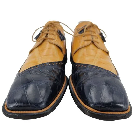 Mauri Vintage Alligator Exotic Mens 12M Honey Tan Navy Blue Dress Shoes Italy - Picture 7 of 10